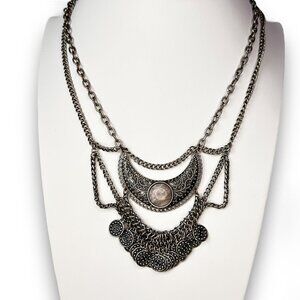 Antique Silver-Tone Boho Statement Necklace With Moonstone Center & Coin Charms